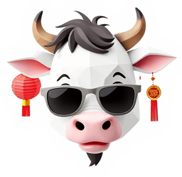 A very cool Cow face with sunglasses on and some Chinese New Year decoration